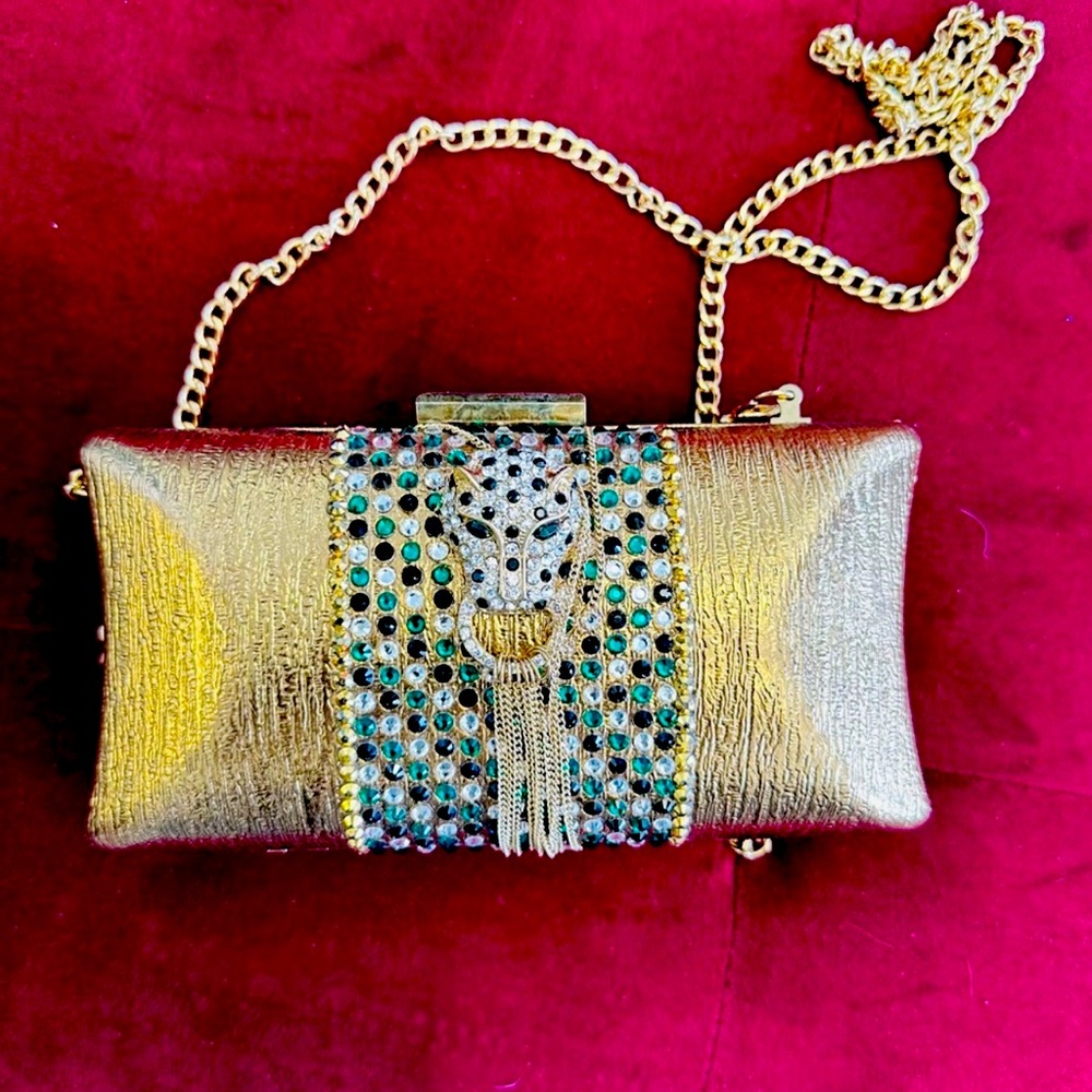 Gold wild cat with colored stones Clutch with Chain Strap